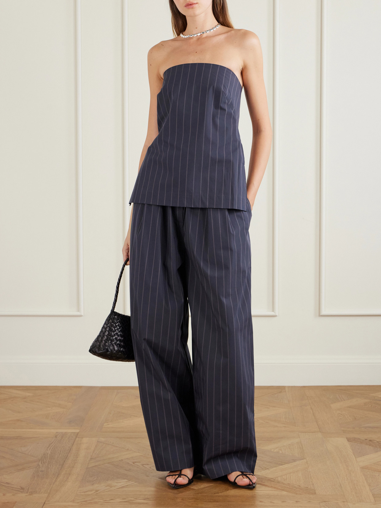 Strapless Open-Back Striped Cotton-Blend Top