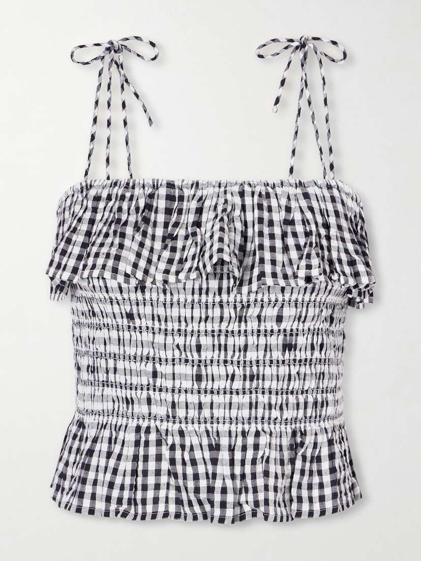 ALIX OF BOHEMIA Clara Ruffled Shirred Checked Cotton Top