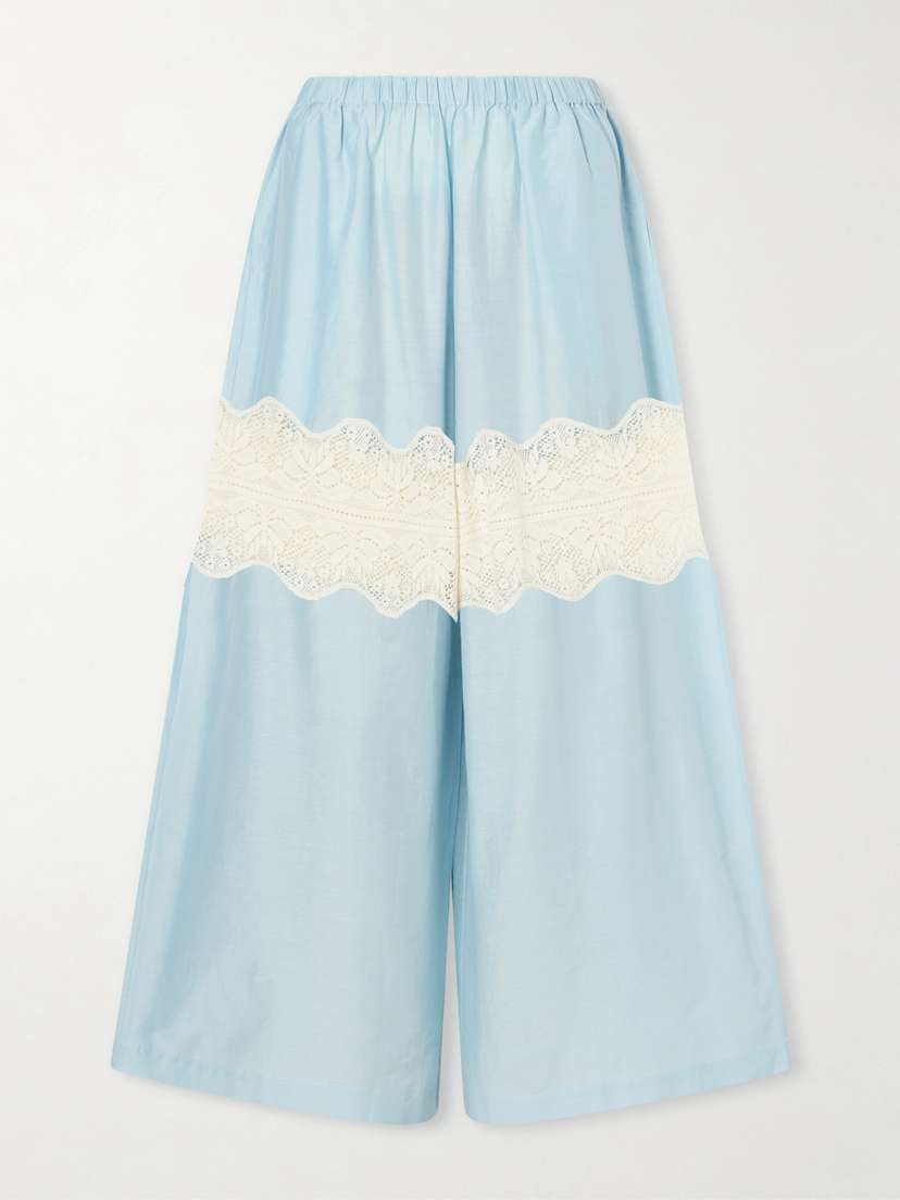 ALIX OF BOHEMIA Margie Sky Lace-trimmed Cotton And Silk-blend Wide Leg Pants