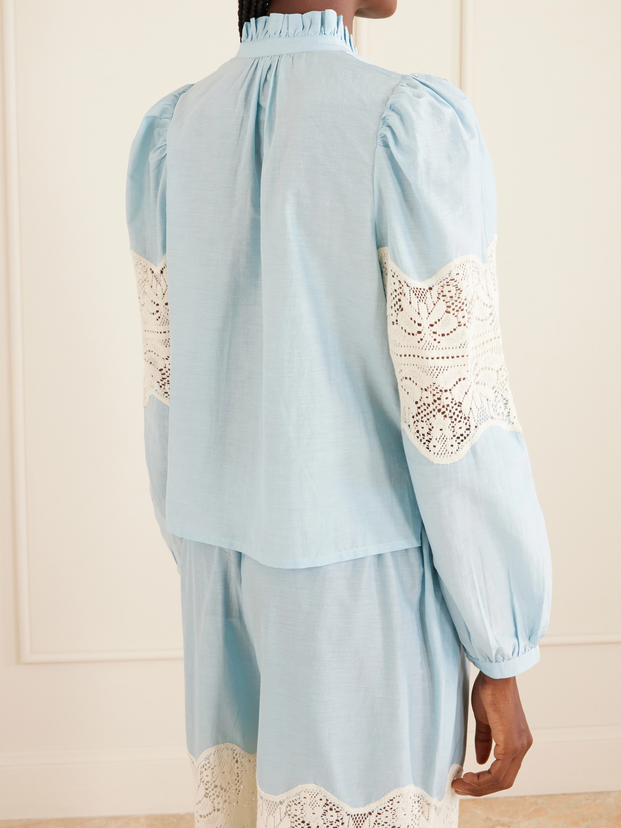 Annabel Sky Lace-Trimmed Cotton And Silk-Blend Blouse