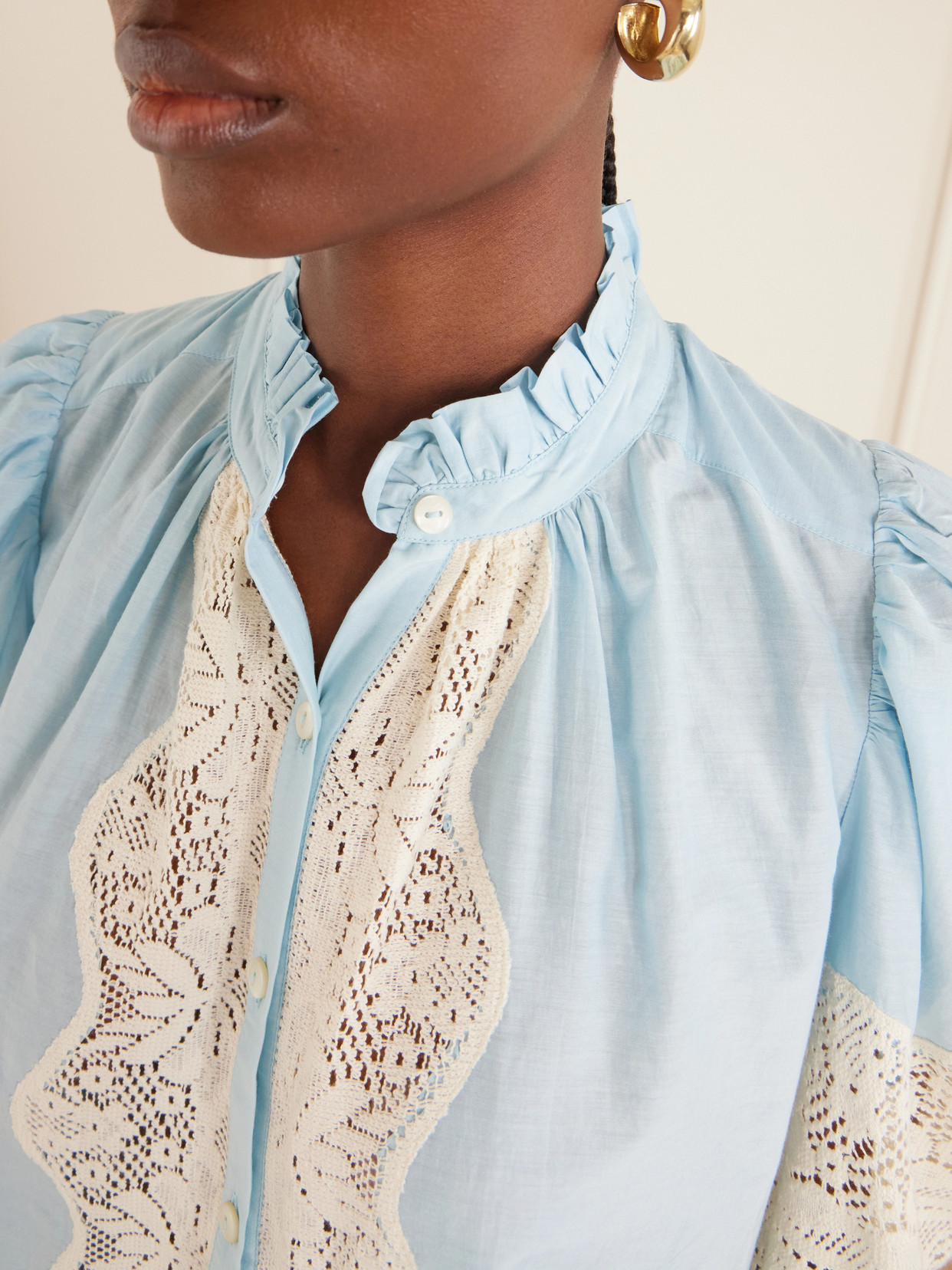 Annabel Sky Lace-Trimmed Cotton And Silk-Blend Blouse
