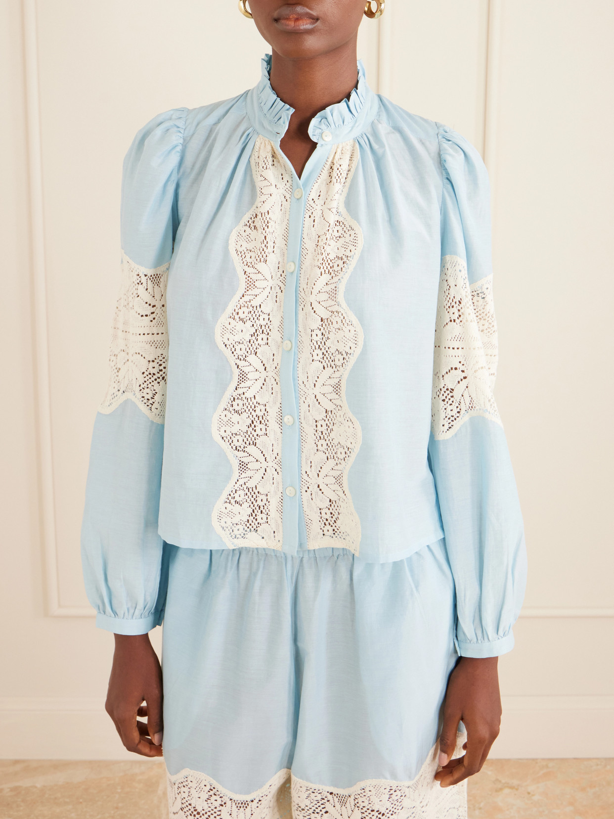 Annabel Sky Lace-Trimmed Cotton And Silk-Blend Blouse