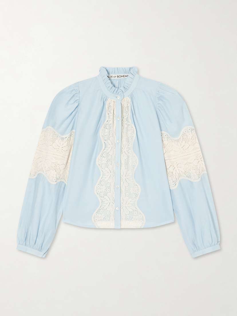 ALIX OF BOHEMIA Annabel Sky Lace-trimmed Cotton And Silk-blend Blouse