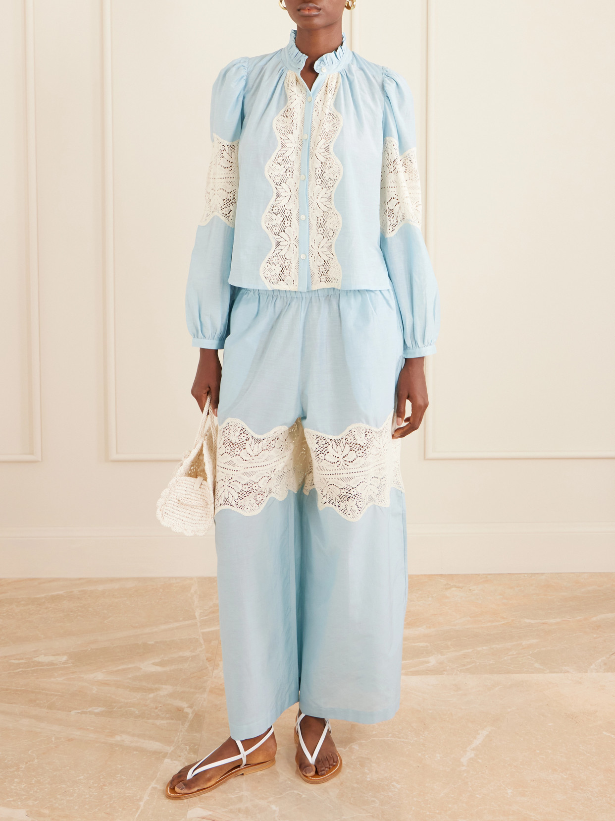 Annabel Sky Lace-Trimmed Cotton And Silk-Blend Blouse