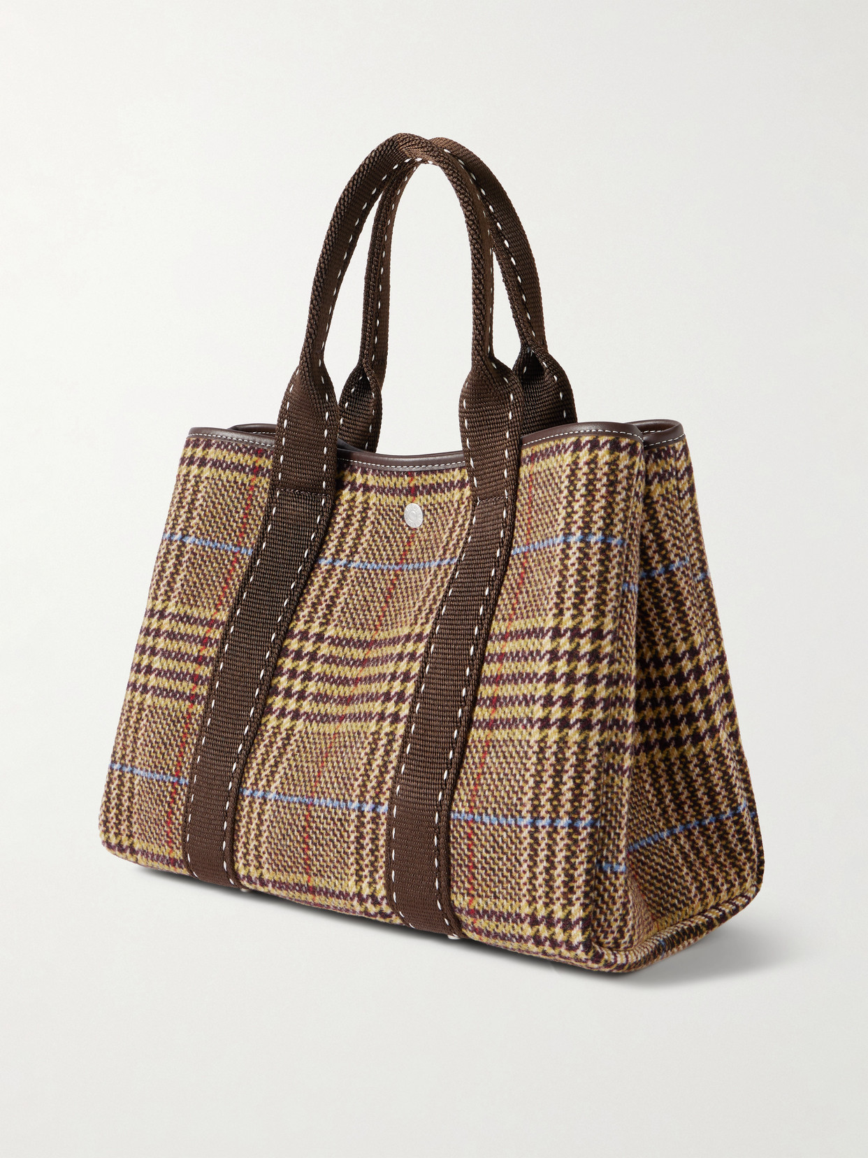 Rue De Verneuil St Paul Traversée Medium Leather- And Webbing-trimmed Checked Wool-blend Tote In Brown