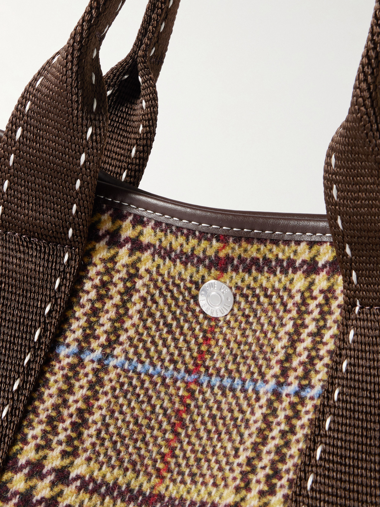Rue De Verneuil St Paul Traversée Medium Leather- And Webbing-trimmed Checked Wool-blend Tote In Brown