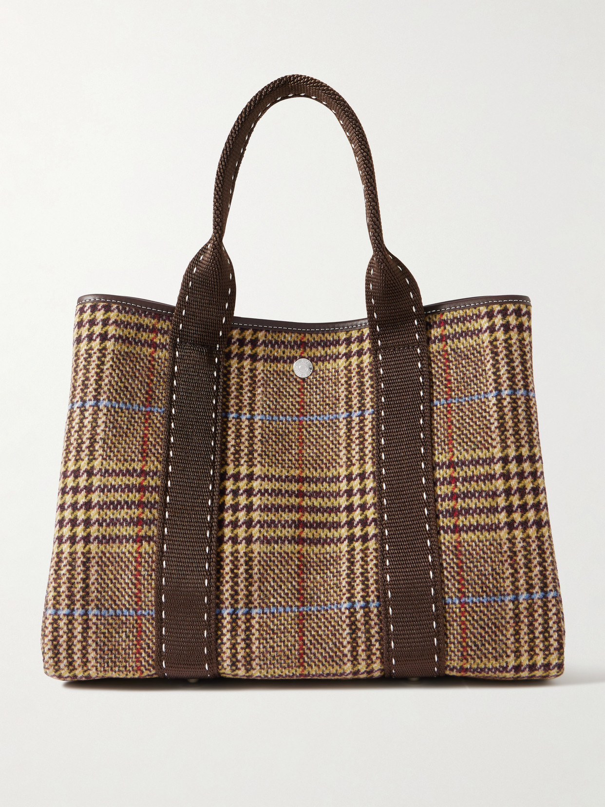 Rue De Verneuil St Paul Traversée Medium Leather- And Webbing-trimmed Checked Wool-blend Tote In Brown