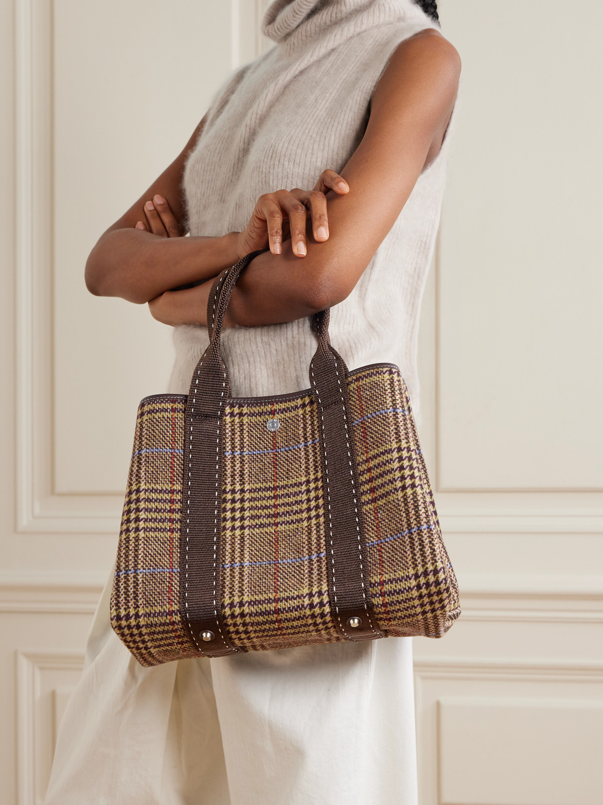 Rue De Verneuil St Paul Traversée Medium Leather- And Webbing-trimmed Checked Wool-blend Tote In Brown