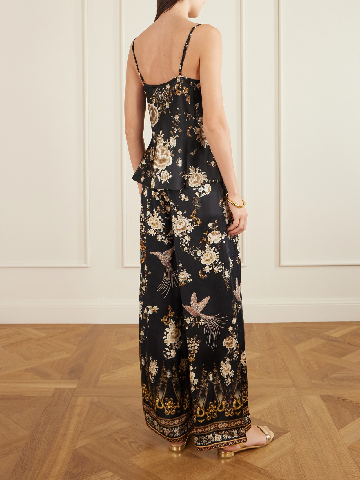 Camilla Asymmetric Draped Embellished Embroidered Printed Silk-satin Top In Black