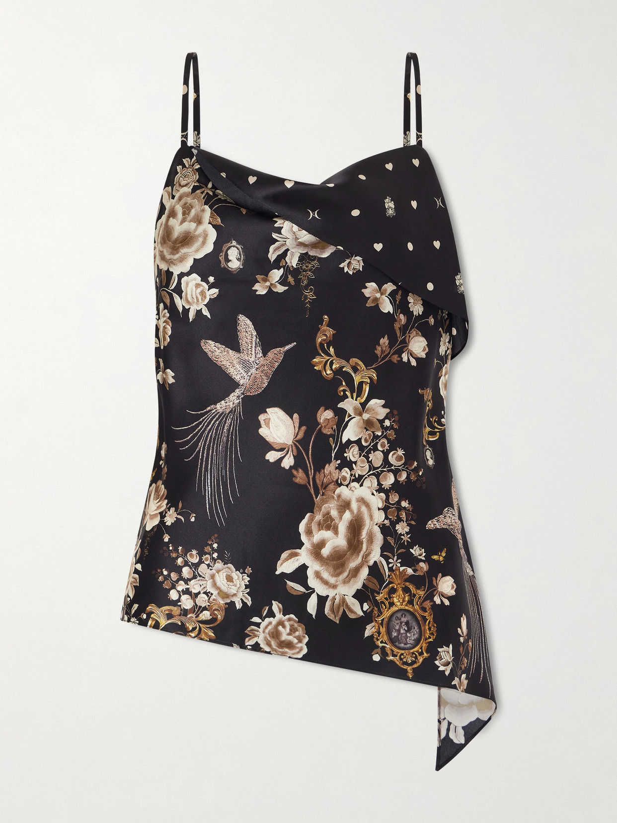 Camilla Asymmetric Draped Embellished Embroidered Printed Silk-satin Top In Black