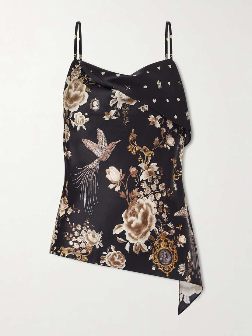 Camilla Asymmetric Draped Embellished Embroidered Printed Silk-satin Top