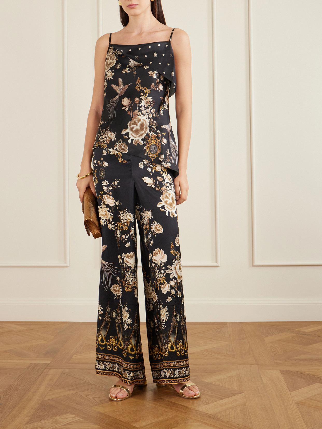 Camilla Asymmetric Draped Embellished Embroidered Printed Silk-satin Top In Black