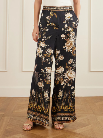 Camilla Embellished embroidered printed silk-satin pants