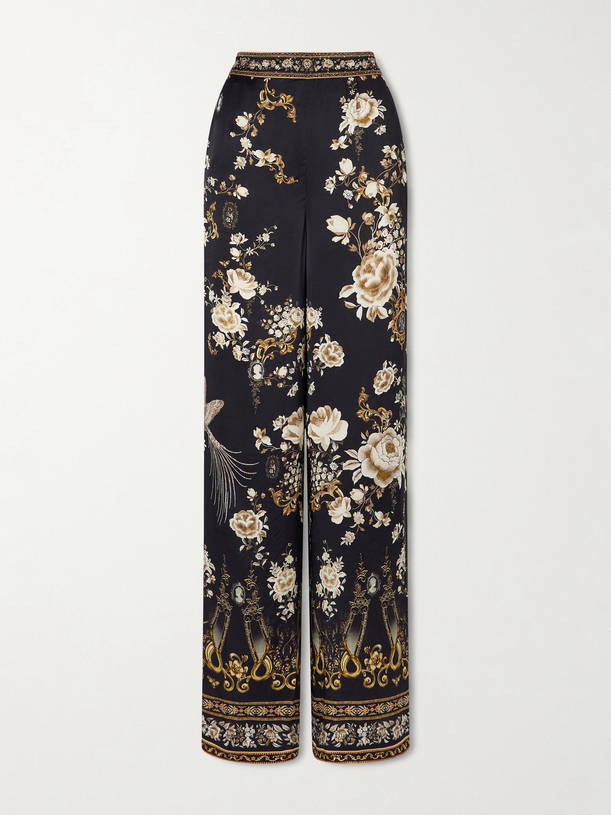 Camilla Embellished Embroidered Printed Silk-satin Pants In Black