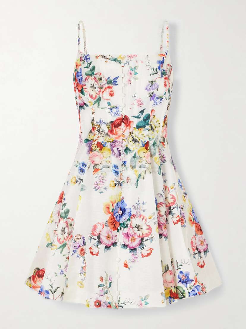 Camilla Paneled Embellished Floral-print Silk And Linen-blend Mini Dress