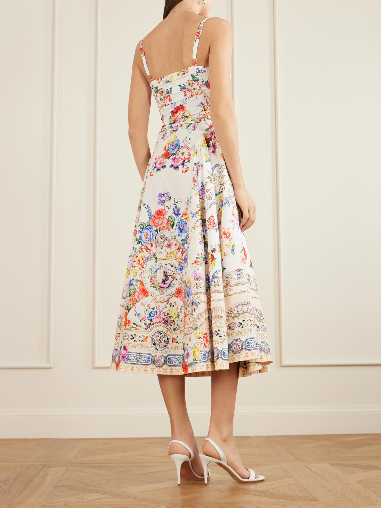Camilla Ballerina Tie-detailed Cutout Ruched Floral-print Cotton-blend Midi Dress In Multi