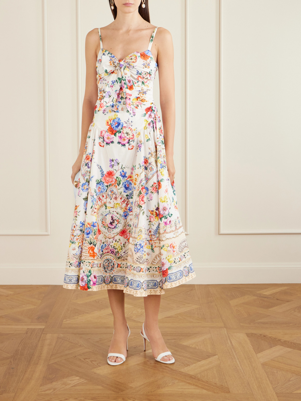 Camilla Ballerina Tie-detailed Cutout Ruched Floral-print Cotton-blend Midi Dress In Multi