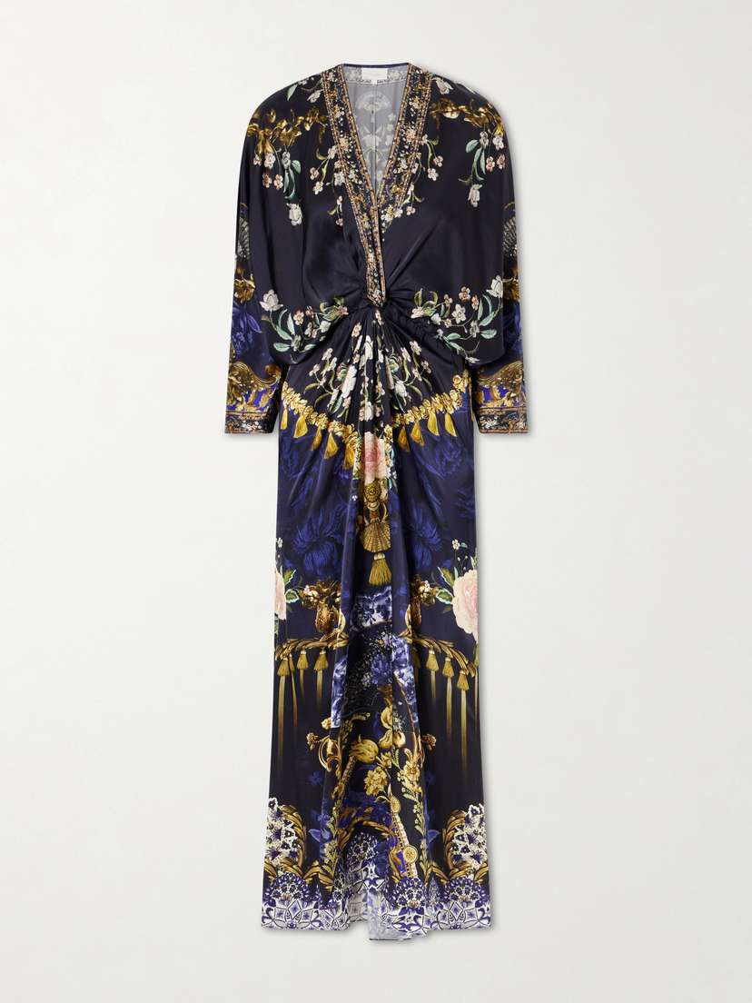 Camilla Gathered Embellished Printed Silk Maxi Dress