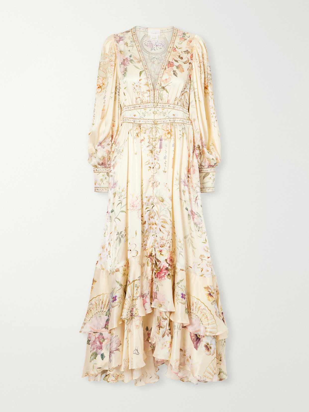 Camilla Crystal-embellished Tiered Floral-print Silk-chiffon Midi Dress In Multi