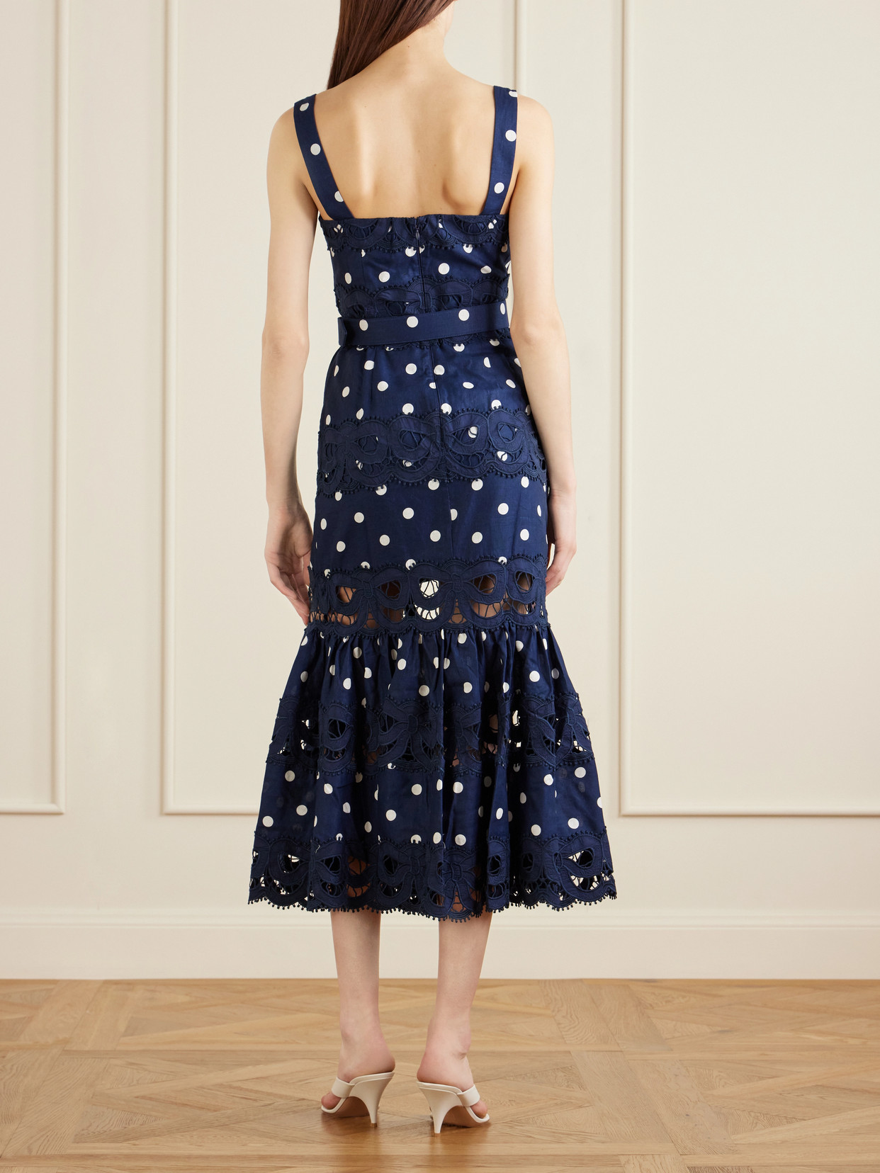Self-portrait Belted Polka-dot Linen And Cotton-blend Midi Dress In Blue