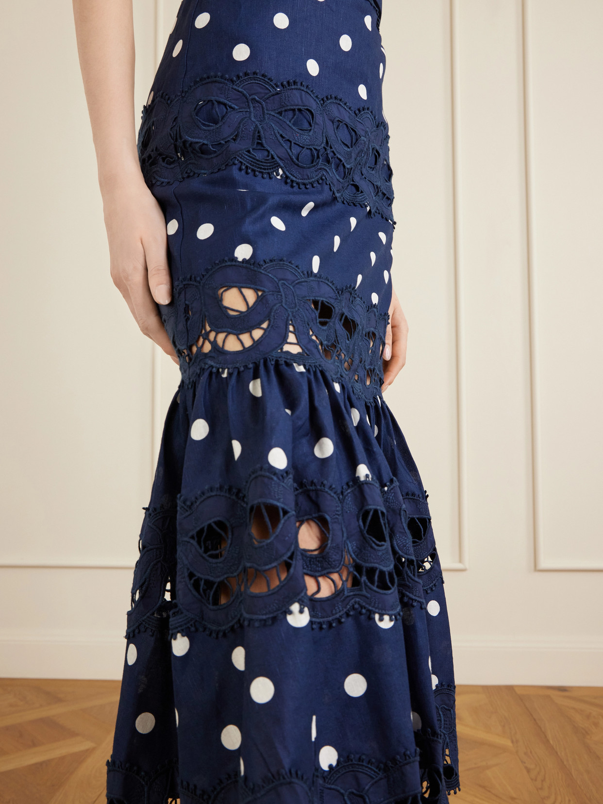 Self-portrait Belted Polka-dot Linen And Cotton-blend Midi Dress In Blue