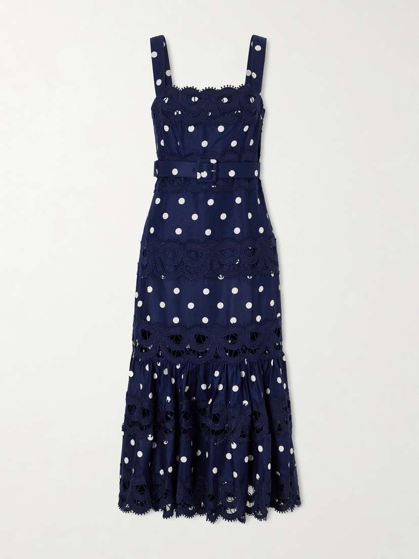 Self-Portrait Belted Polka-dot Linen And Cotton-blend Midi Dress
