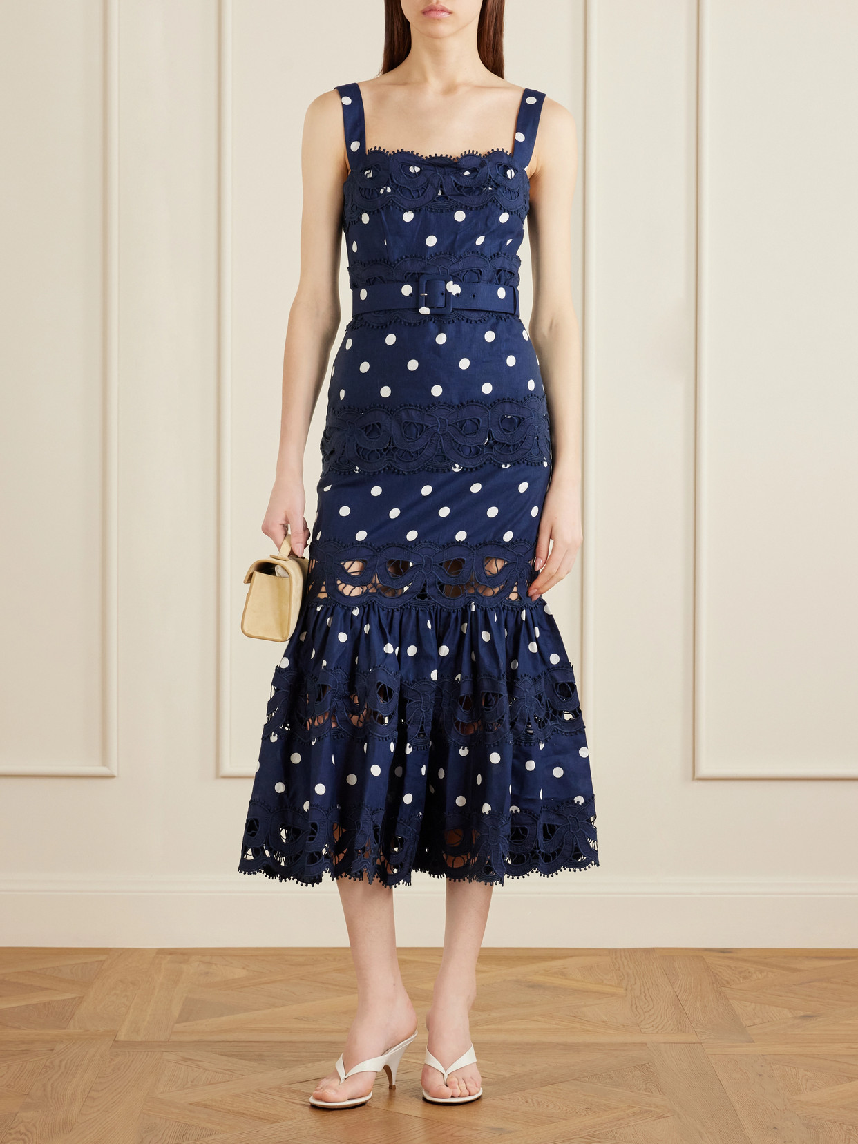 Self-portrait Belted Polka-dot Linen And Cotton-blend Midi Dress In Blue
