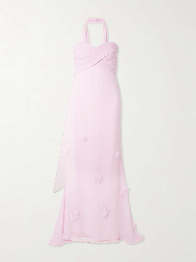 Self-Portrait Scarf-detailed Strapless Appliquéd Georgette Gown