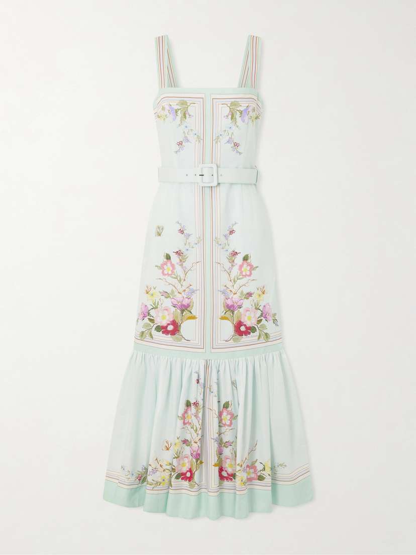 Self-Portrait Belted Floral-print Linen And Cotton-blend Midi Dress
