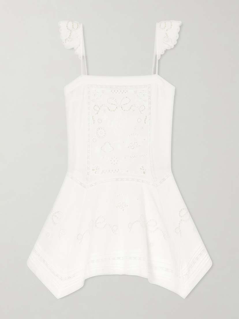 Self-Portrait Asymmetric Embroidered Linen And Cotton-blend Midi Dress