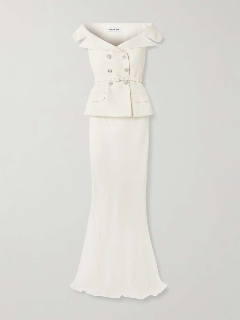 Self-Portrait Off-the-shoulder Belted Metallic Bouclé And Crepe Maxi Dress