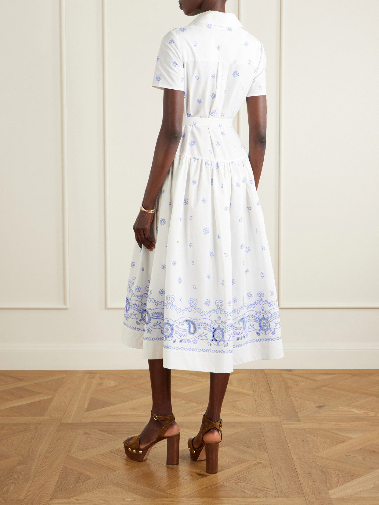 Self-portrait Embroidered Cotton Belted Midi Dress In Blue