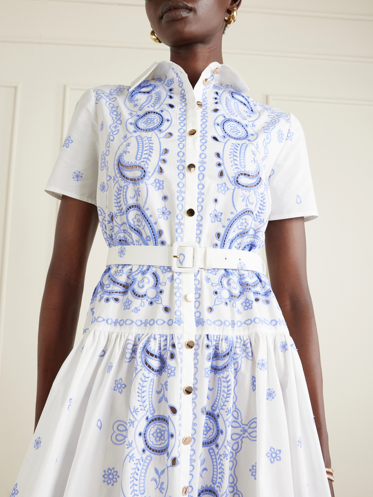 Self-portrait Embroidered Cotton Belted Midi Dress In Blue