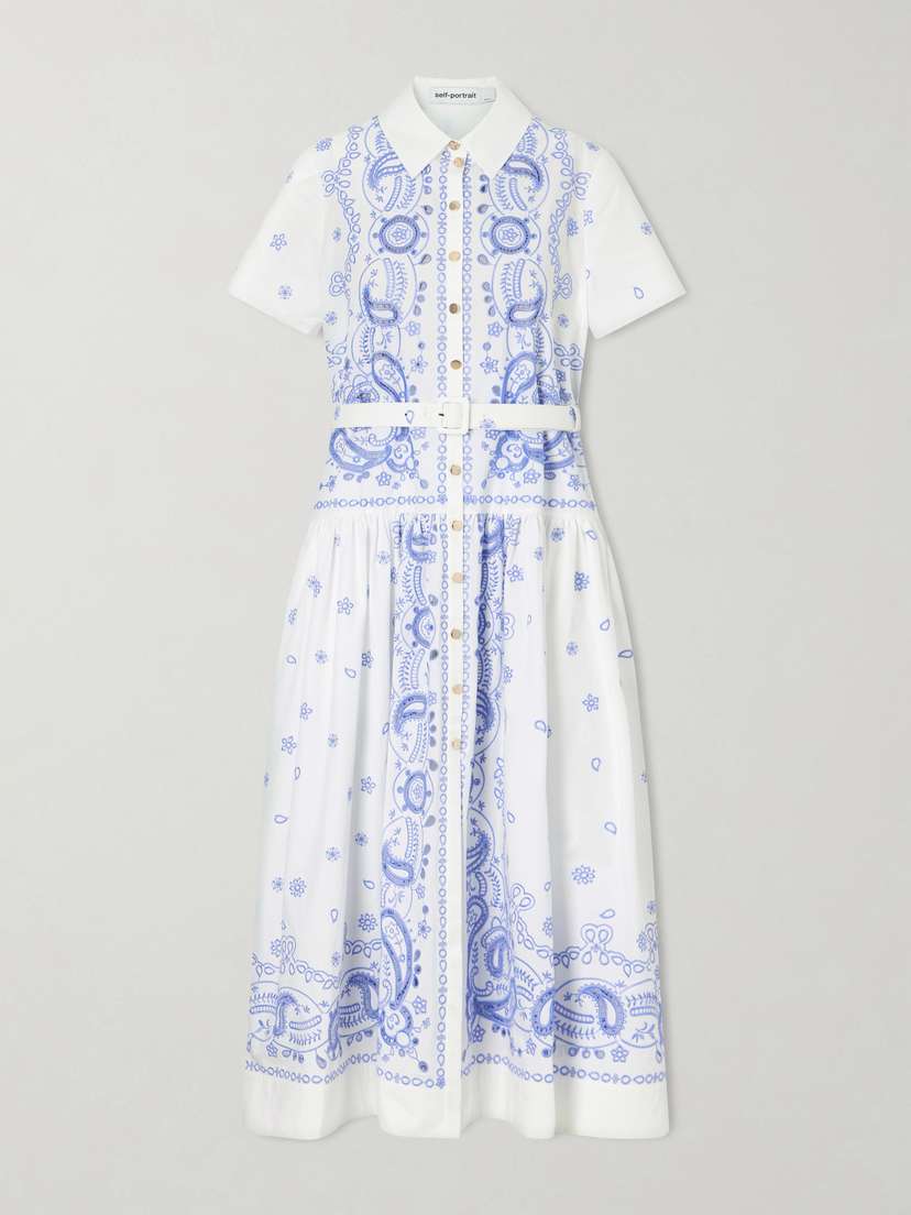 Self-Portrait Belted Embroidered Cotton-poplin Midi Shirt Dress
