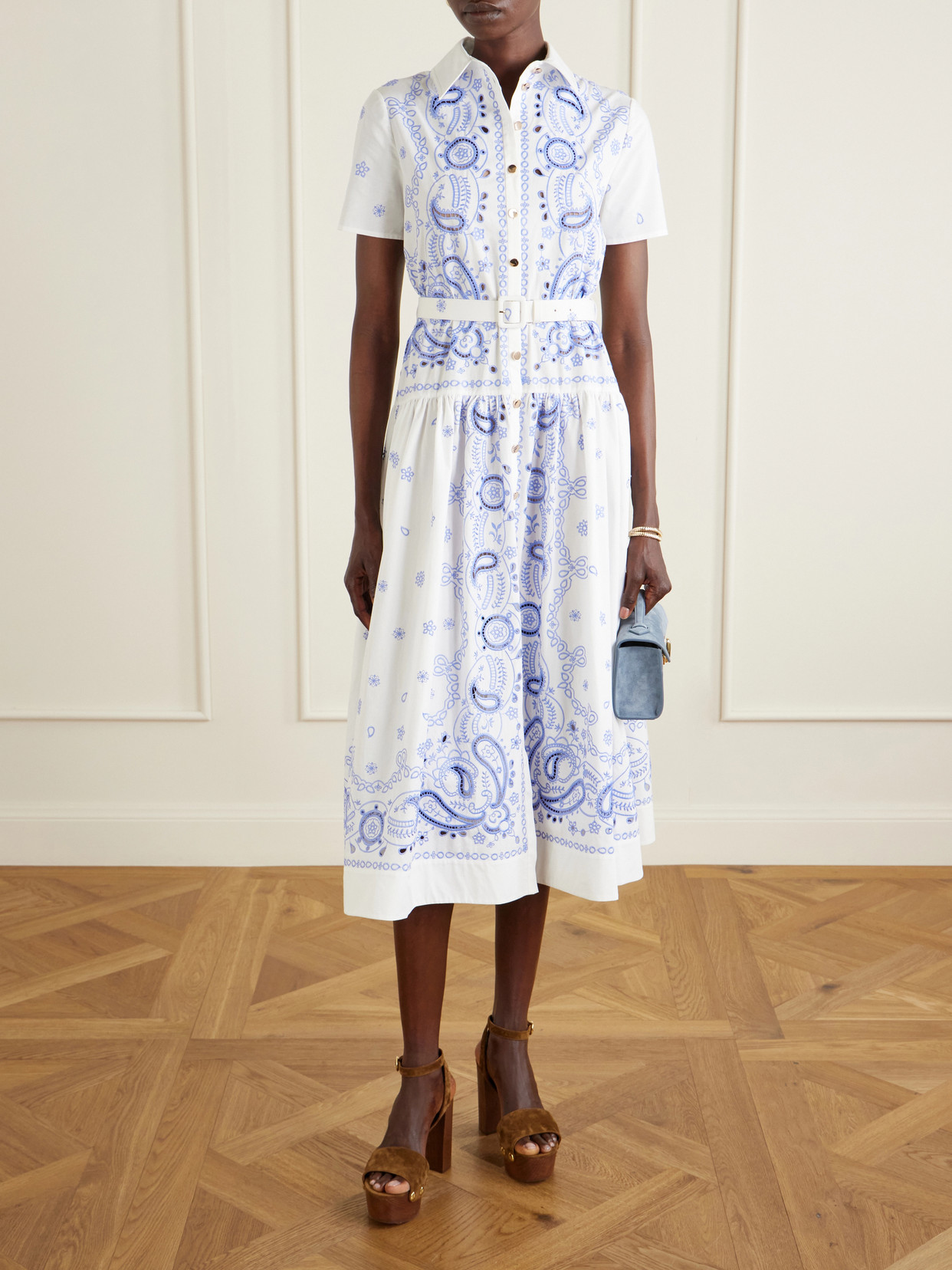 Self-portrait Embroidered Cotton Belted Midi Dress In Blue
