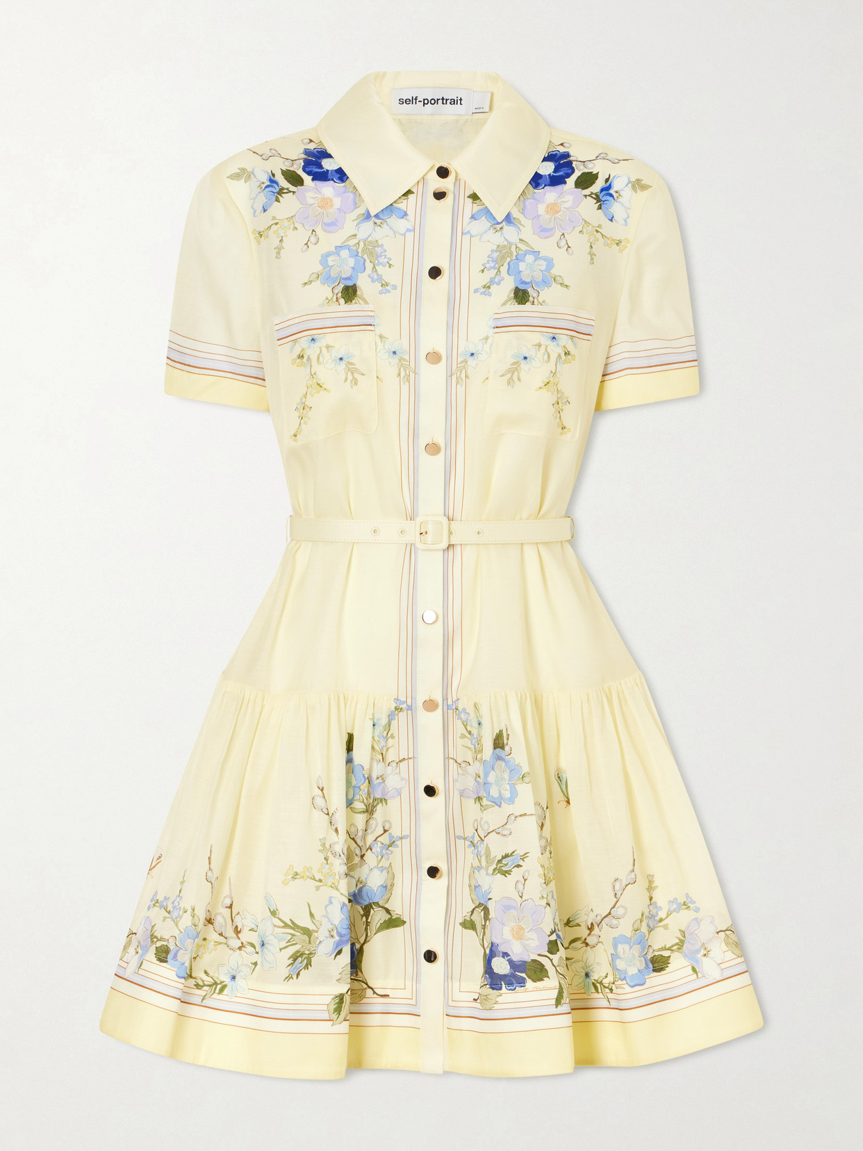 Self-portrait Belted Floral-print Organza Mini Shirt Dress In Yellow