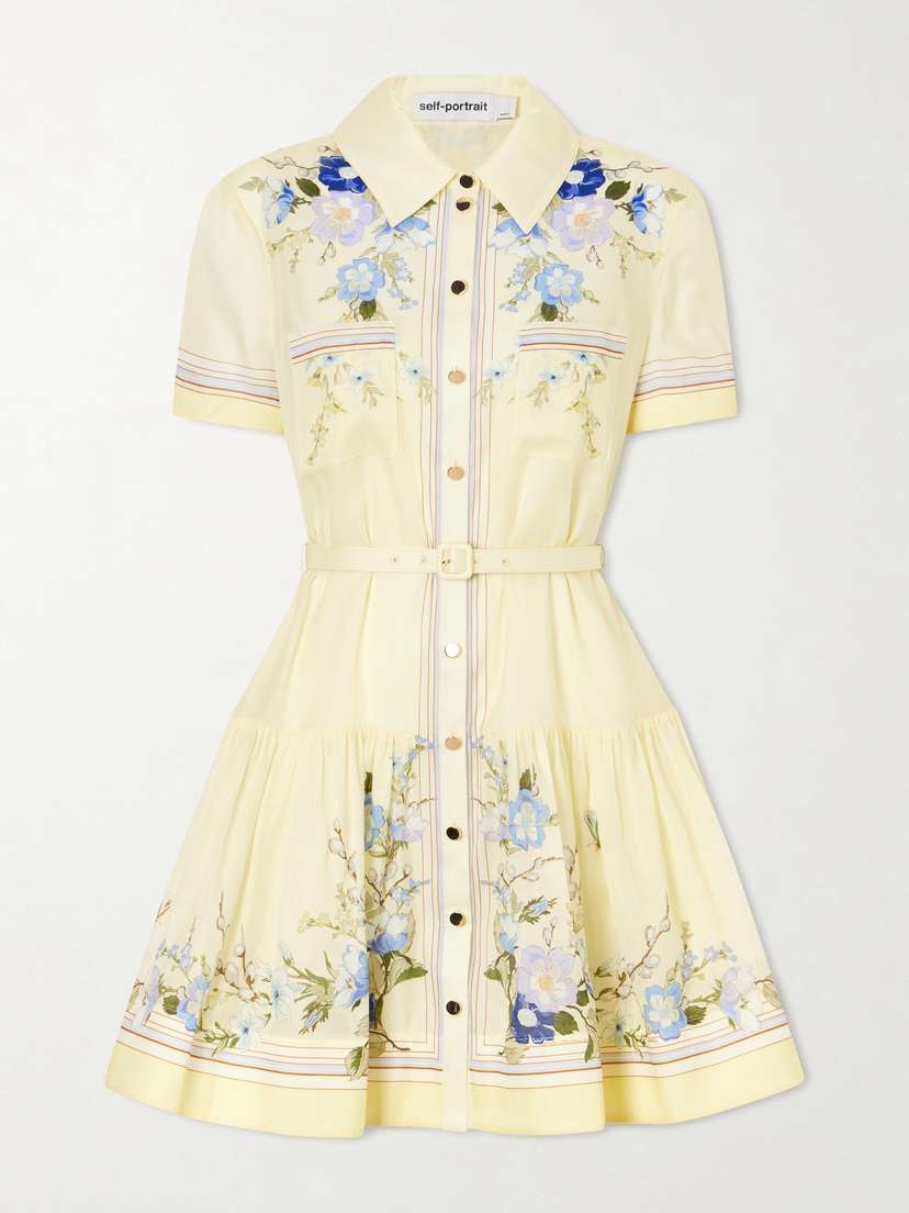 Self-Portrait Belted Floral-print Organza Mini Shirt Dress