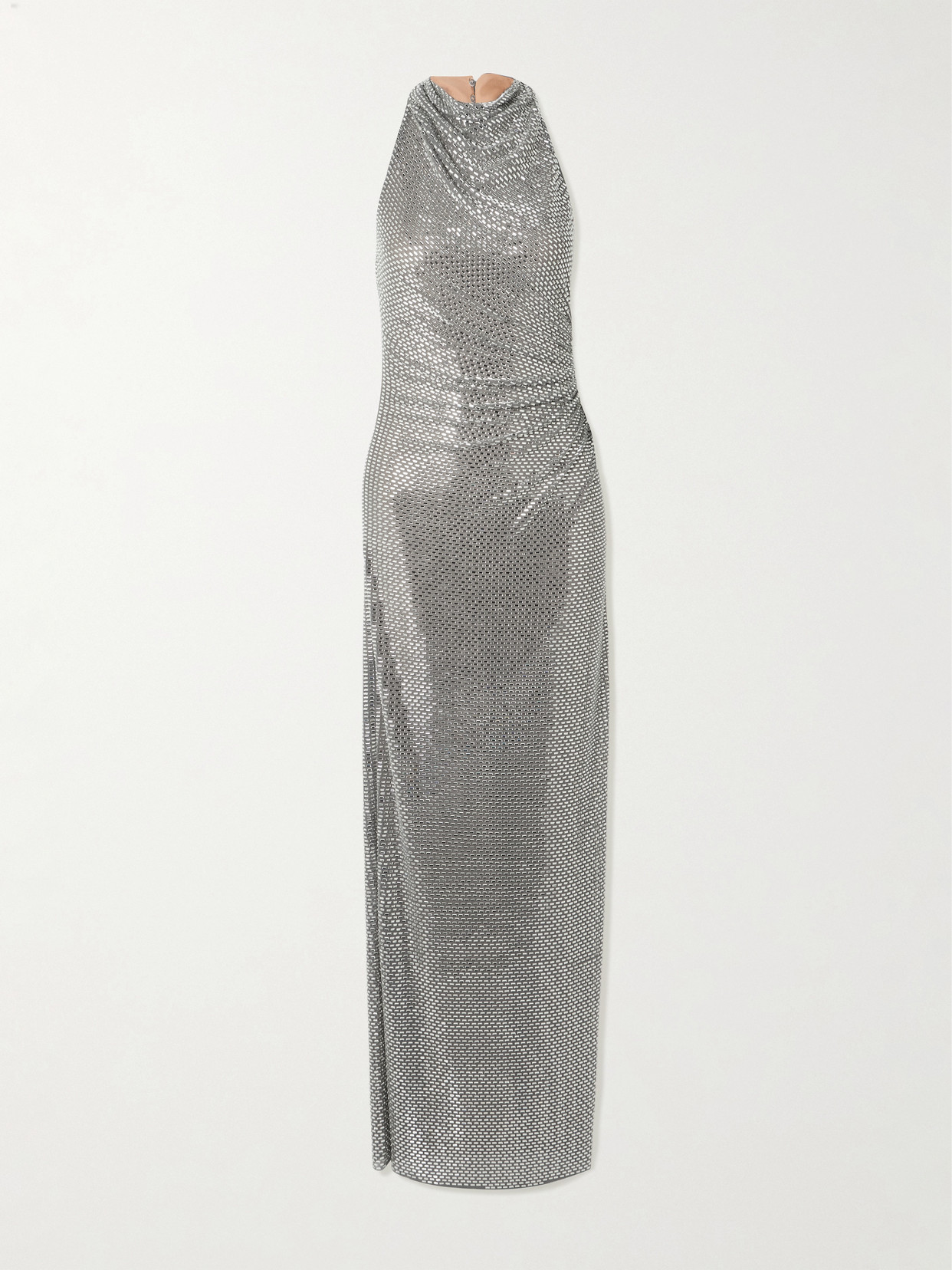 Self-portrait Embellished Draped Mesh Halterneck Maxi Dress In Silver