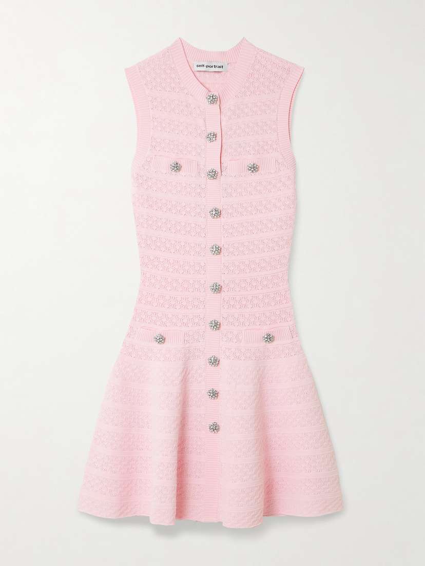 Self-Portrait Button-embellished Pointelle-knit Mini Dress