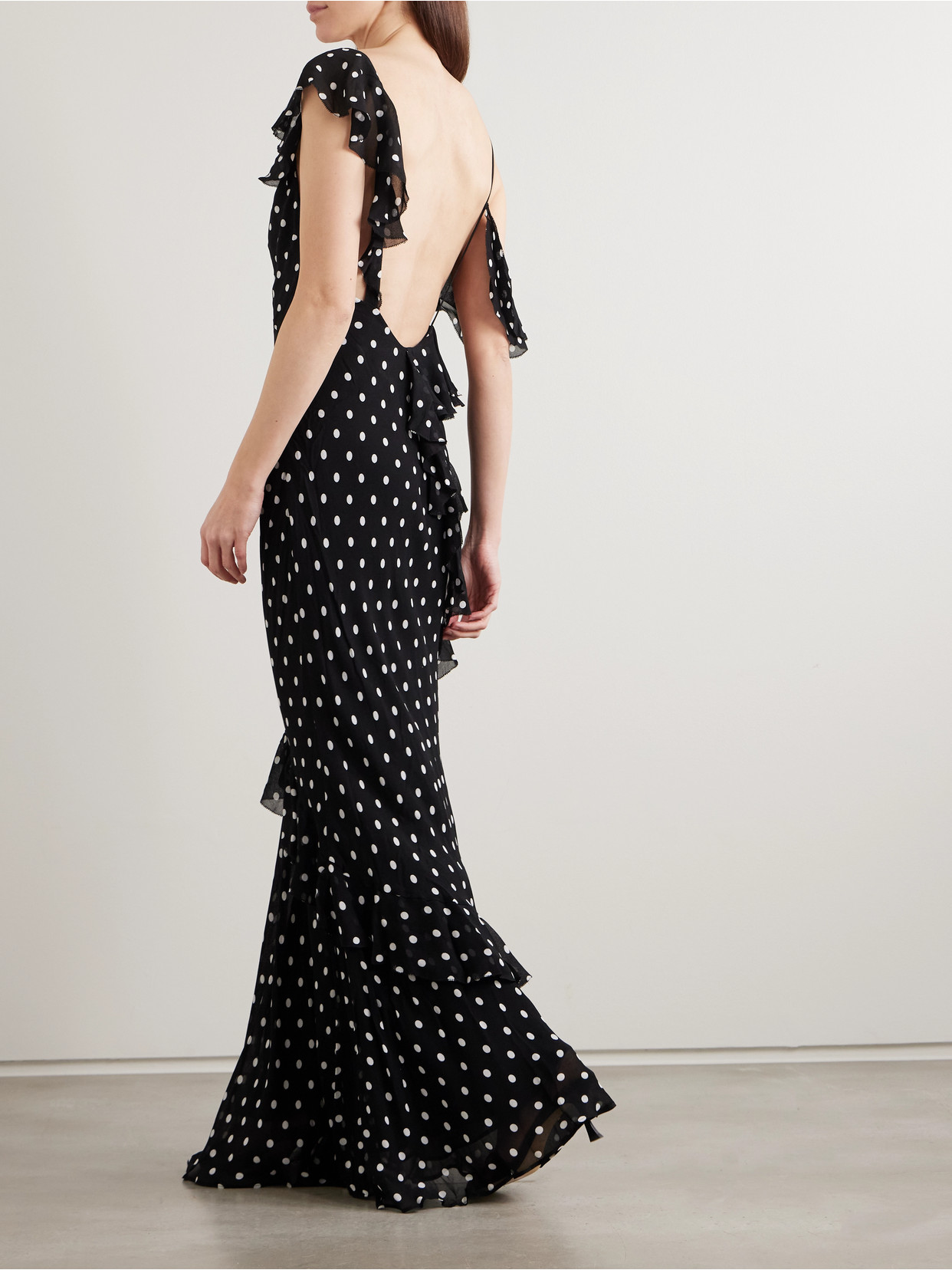 Self-portrait Long Dress Black Polka Dot With V-neck In Black Georgette For Women In Multi