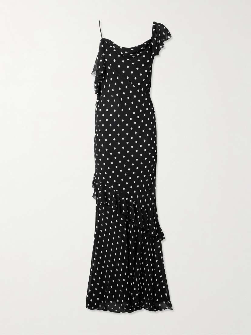 Self-Portrait One-shoulder Asymmetric Ruffled Polka-dot Georgette Maxi Dress