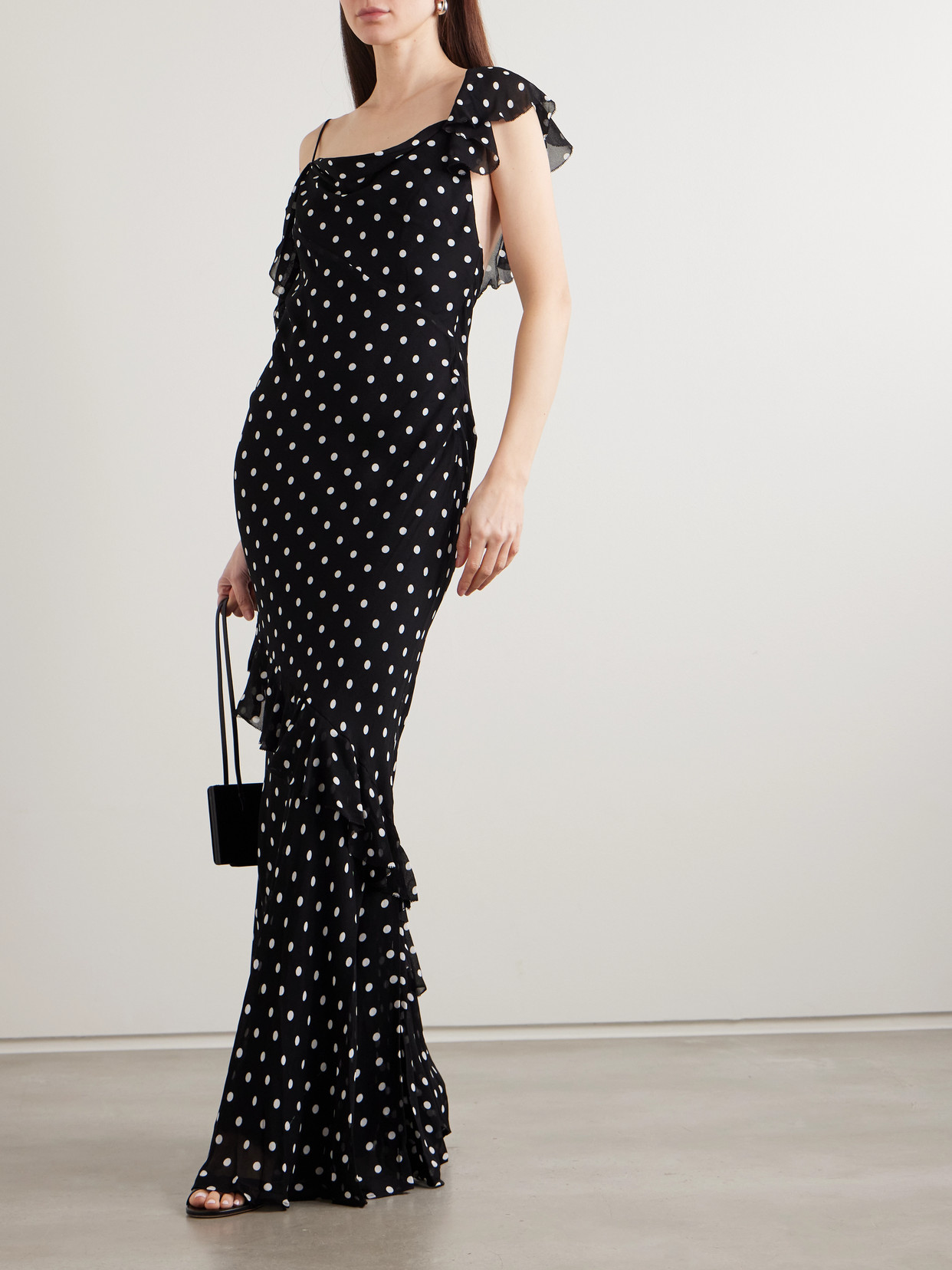 Self-portrait Long Dress Black Polka Dot With V-neck In Black Georgette For Women In Multi
