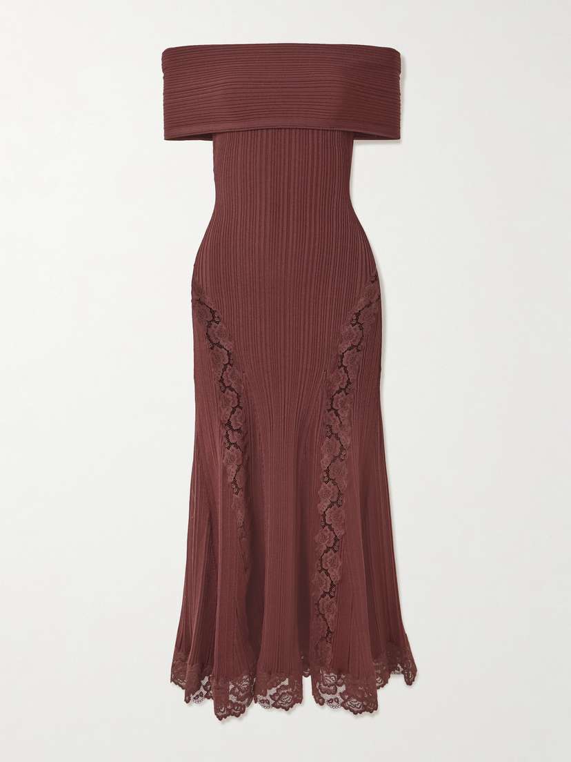 Self-Portrait Off-the-shoulder Lace-trimmed Ribbed-knit Midi Dress