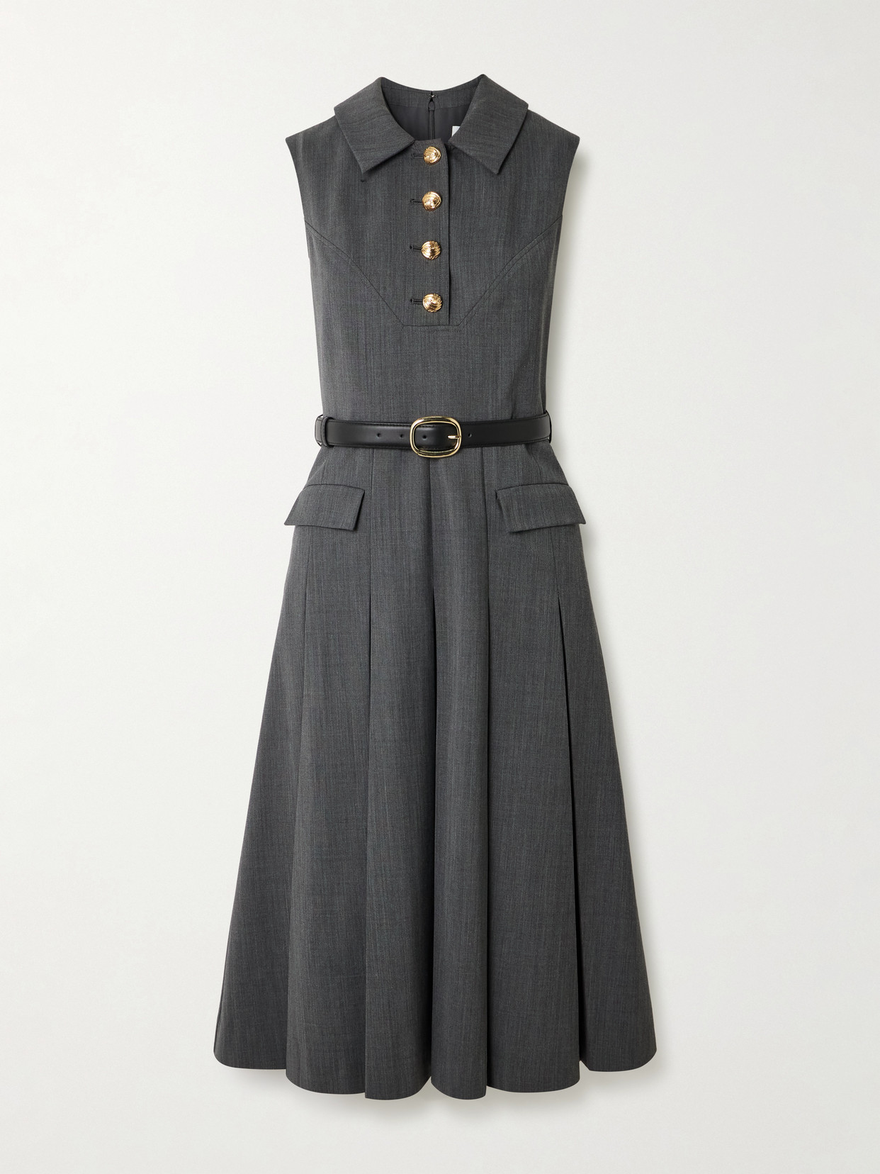 Self-portrait Belted Pleated Leather-trimmed Wool-blend Midi Dress In Gray