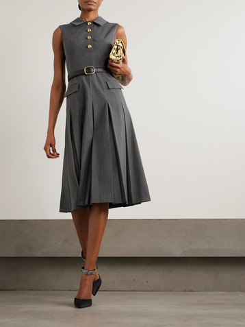 self-portrait Belted pleated leather-trimmed wool-blend midi dress