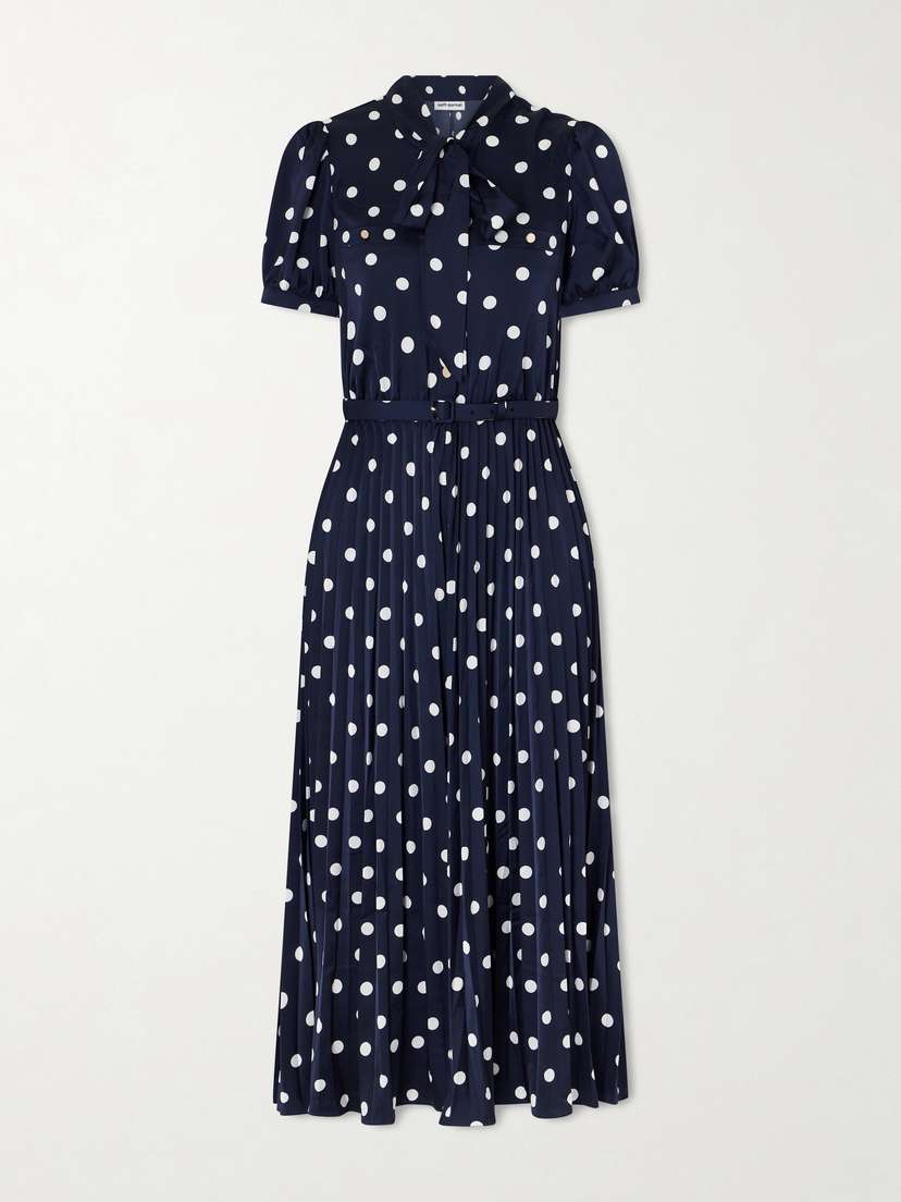 Self-Portrait Tie-detailed Belted Pleated Polka-dot Satin Midi Dress