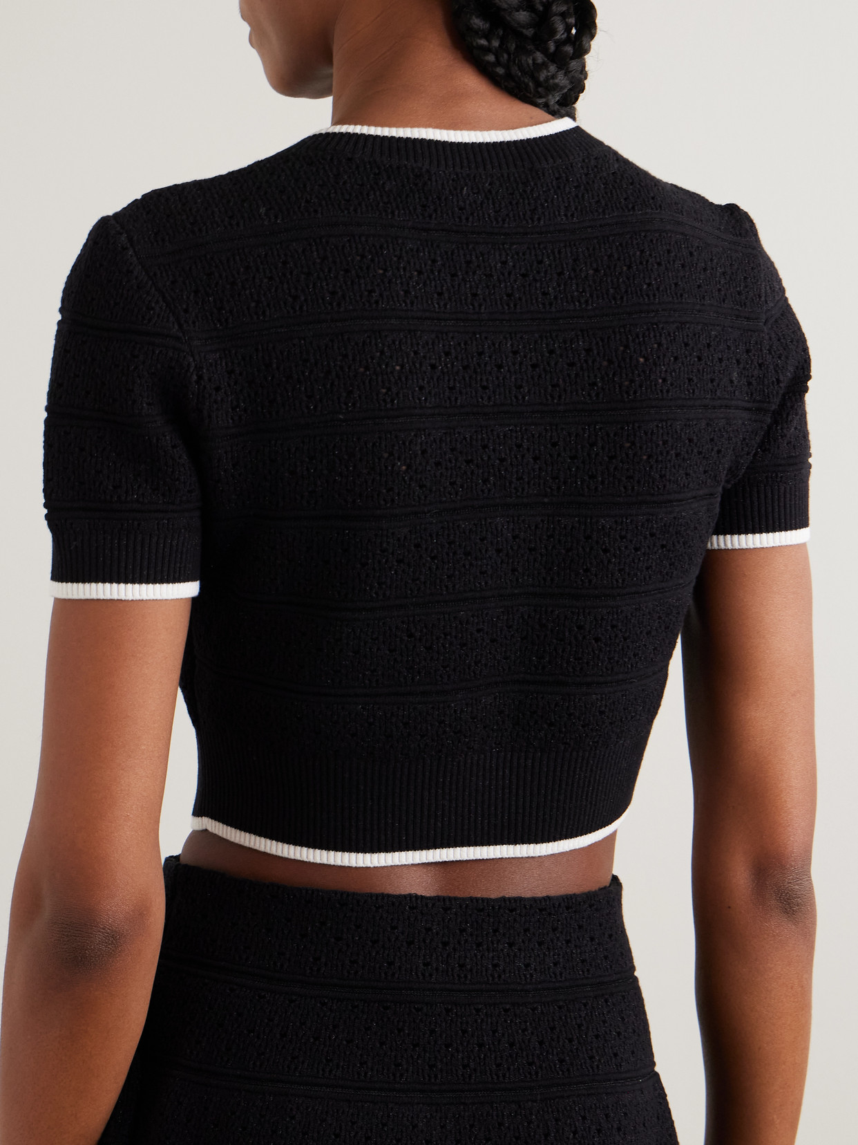Cropped Button-Embellished Metallic Cotton-Blend Pointelle-Knit Top