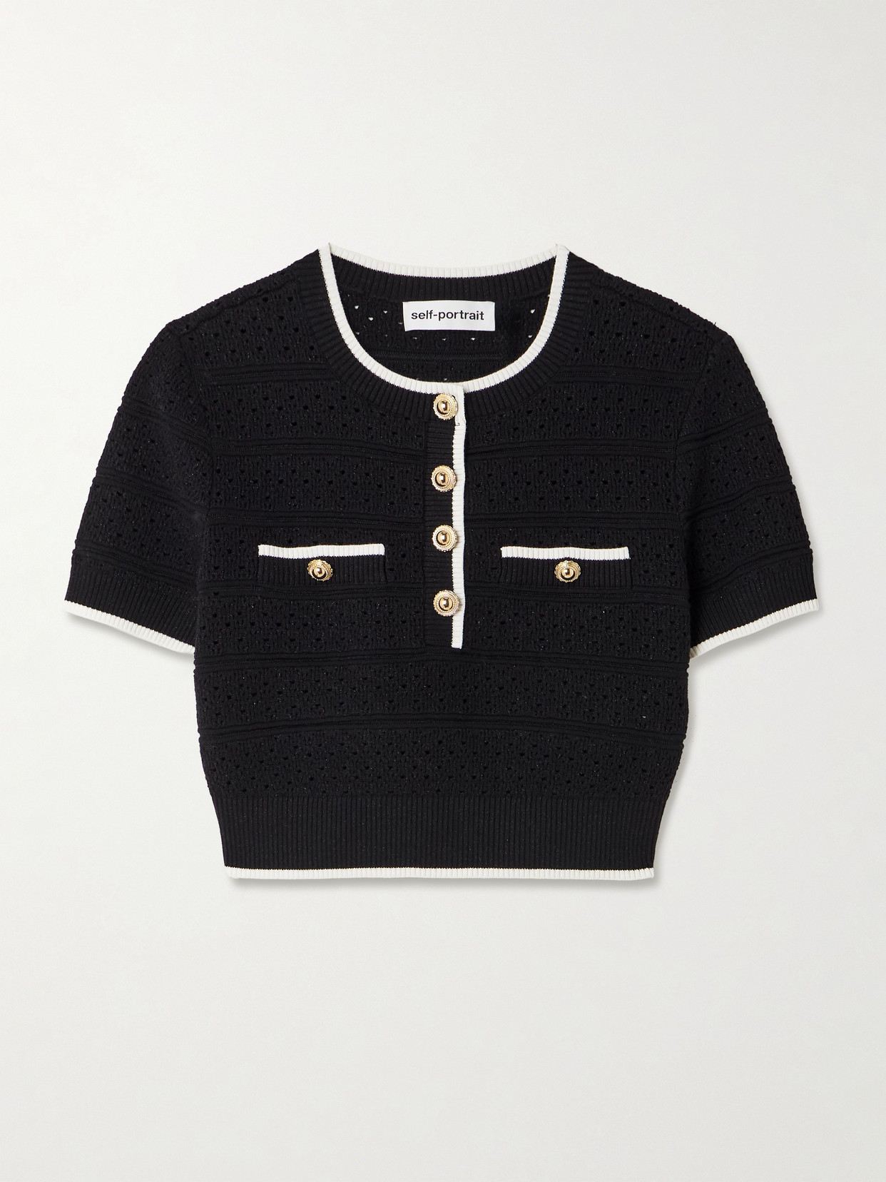 Cropped Button-Embellished Metallic Cotton-Blend Pointelle-Knit Top