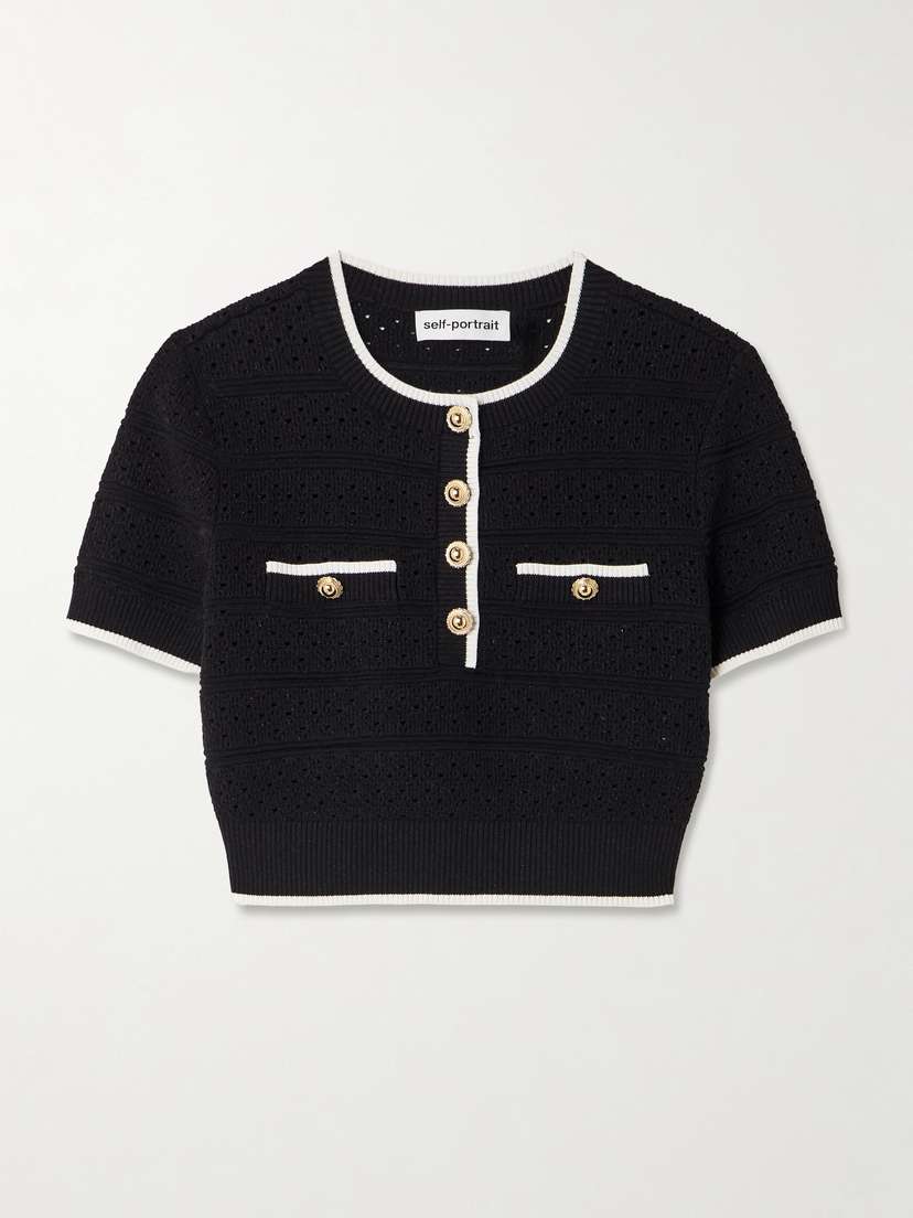 Self-Portrait Cropped Button-embellished Metallic Cotton-blend Pointelle-knit Top