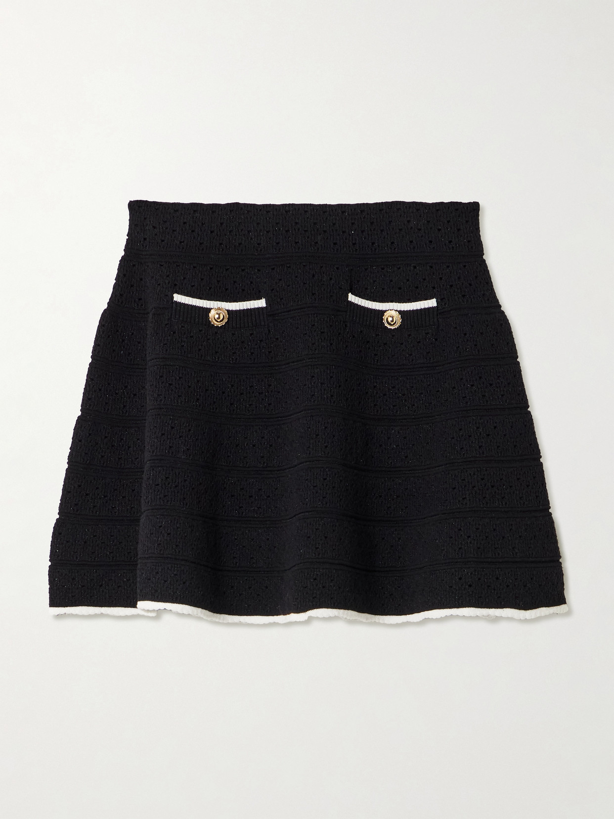 Self-portrait Button-embellished Metallic Cotton-blend Pointelle-knit Mini Skirt In Black